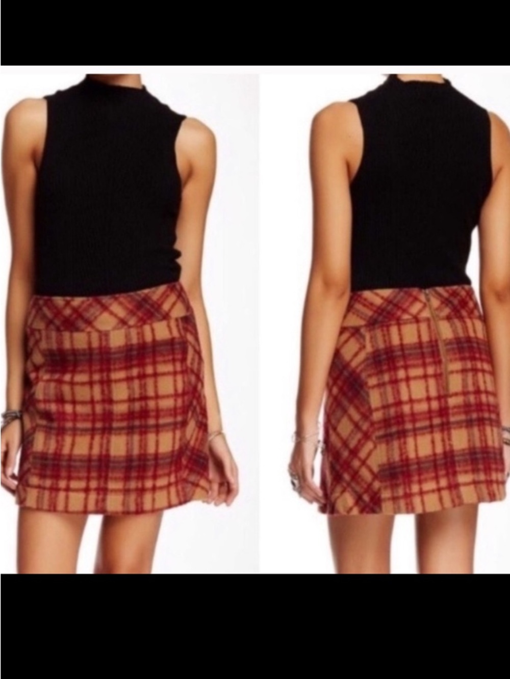 Free People Camel Combo Tan Red Plaid Wool Blend Mini Skirt Lined